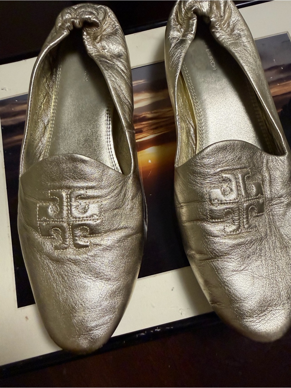 Tory Burch Metallic Gold Leather Slip-On Flats